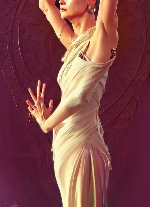 Image similar to portrait of olivia newton john, fullbody, intricate, elegant, highly detailed, my rendition, digital painting, artstation, concept art, smooth, sharp focus, art by artgerm and greg rutkowski and alphonse mucha and uang guangjian and gil elvgren and sachin teng, symmetry!!