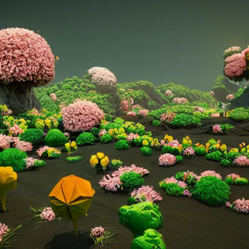 Prompt: a flowering alien landscape in the style of origami, 8 k, unreal engine, zbrush,