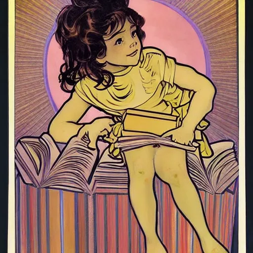 Prompt: a little girl with a mischievous face and light brown curly wavy hair. she is sitting on top of a tall like of books. well composed, clean elegant painting, beautiful detailed face. by steve ditko and jack kirby and alphonse mucha