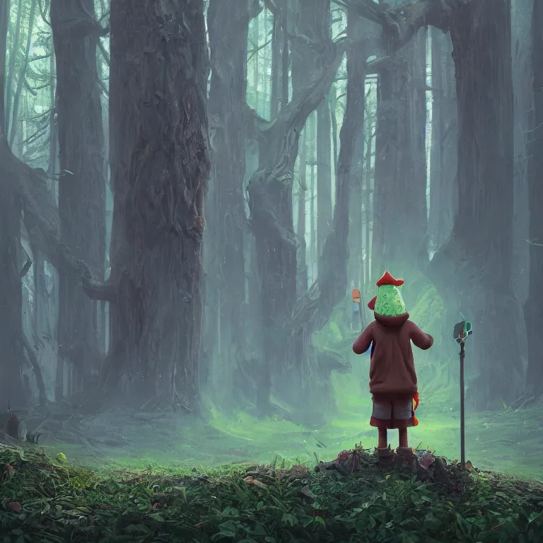 Image similar to a forest gnome standing in front of a portal. Detailed digital matte painting in the style of simon stalenhag