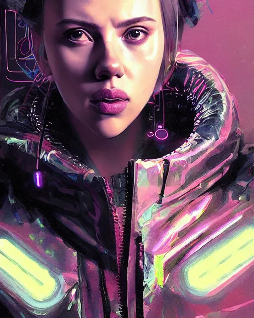 Image similar to detailed portrait Scarlett Johansson Neon Operator Girl, cyberpunk futuristic neon, reflective puffy coat, decorated with traditional Japanese ornaments by Ismail inceoglu dragan bibin hans thoma greg rutkowski Alexandros Pyromallis Nekro Rene Maritte Illustrated, Perfect face, fine details, realistic shaded, fine-face, pretty face