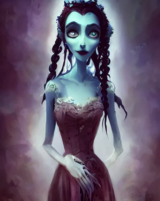 Image similar to elegant mysterious solemn zombie victoria everglot from the corpse bride, portrait, illustration, rim light, top light, summer clear blue sky, perfectly shaded, soft painting, art by krenz cushart and wenjun lin