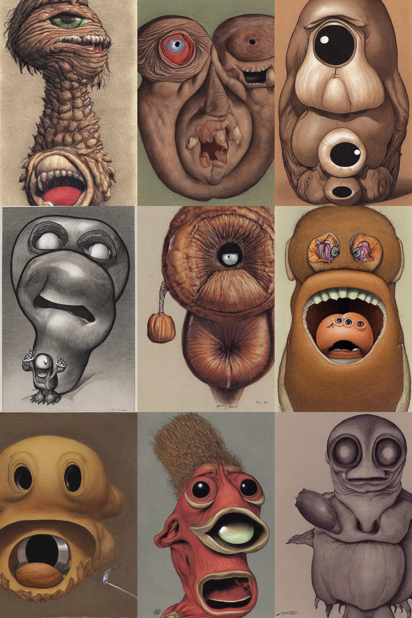 Prompt: a large nut with two eyes and a mouth looks with condemnation by ron cobb