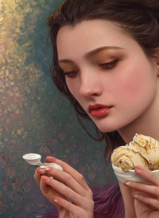 Prompt: a photorealistic detailed portrait of a beautiful girl eating ice cream, detailed, intricate, elegant, highly detailed, digital painting, artstation, concept art, smooth, sharp focus, illustration, art by hana yata, artem demura, alphonse mucha, octane render, unreal engine, 8 k