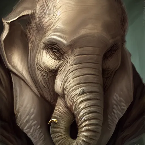 Image similar to Warlock with elephant traits. Character portrait, face close-up, of an anthro elephant warlock in the style of Bastien Lecouffe-Deharme