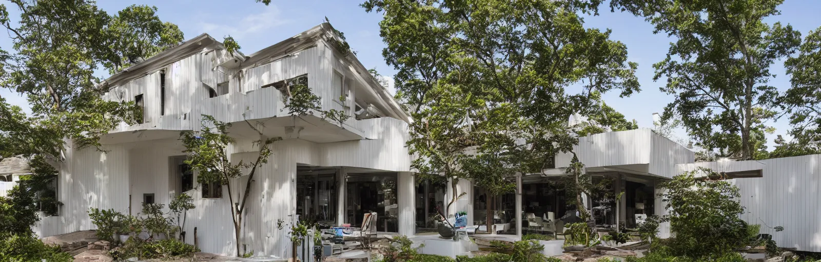 Prompt: A residential house built in a colonial style with a renovated usoian upper floor, a brutalist sunroom on the right hand side, and a bauhaus roof line. well lit from the inside, Real estate photography