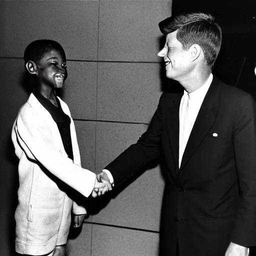 Image similar to a black and white photo of john f kennedy shaking hands with the alien from et