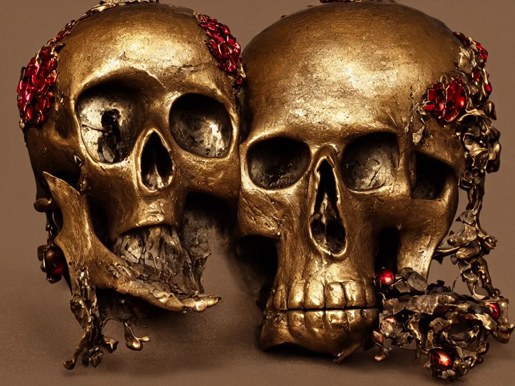 Prompt: old bronze skull with red ornaments, painting, fine art, oil paint, modern art, dark, 8 k, frontlight, backlight, metallic, metal, copper, bronze, brass, golden crown with rubies