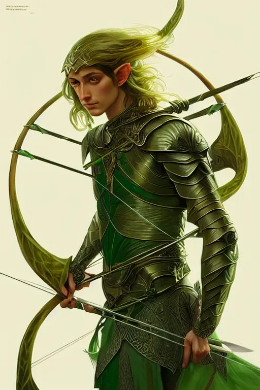 Image similar to male elven Archer armor made of green leaves, fantasy, amber eyes, face, long hair, intricate, elegant, highly detailed, digital painting, artstation, concept art, smooth, sharp focus, illustration, art by artgerm and greg rutkowski and alphonse mucha