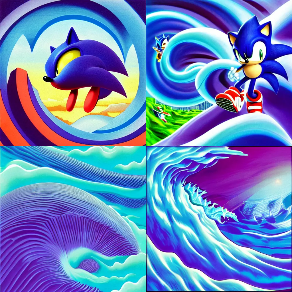 Prompt: surreal, sharp, detailed professional, high quality airbrush art album cover of a cresting blue ocean wave in the style of sonic the hedgehog's head, purple checkerboard background, 1990s 1992 Sega Genesis box art