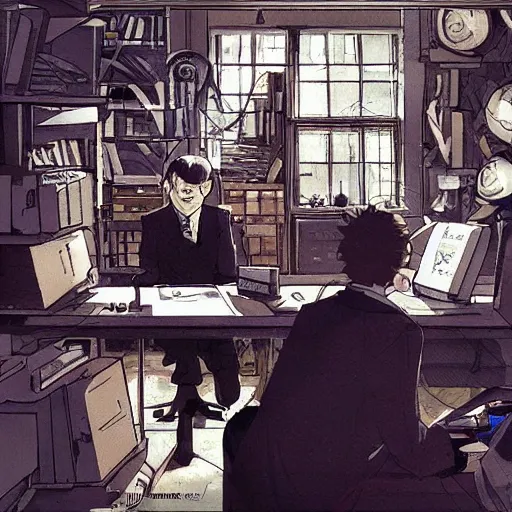 Image similar to inside the workshop with alan turing cracking the enigma with the help of albert einstein, anime!!!, artstation