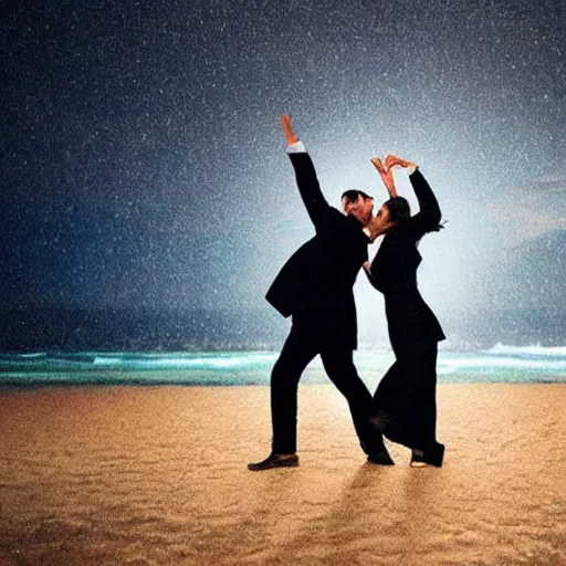 Prompt: realistic cropped photo of a man and woman, both wearing trenchcoats, dancing together on a beach during cloudy weather, at night, and it ’ s dark time