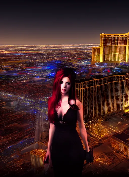 Image similar to full body portrait, duchess of blood, night shot of las vegas in background, highly detailed, CGsociety, subtle, concept art, HDR, hyper realistic, volumetric lighting, subsurface scattering, unreal