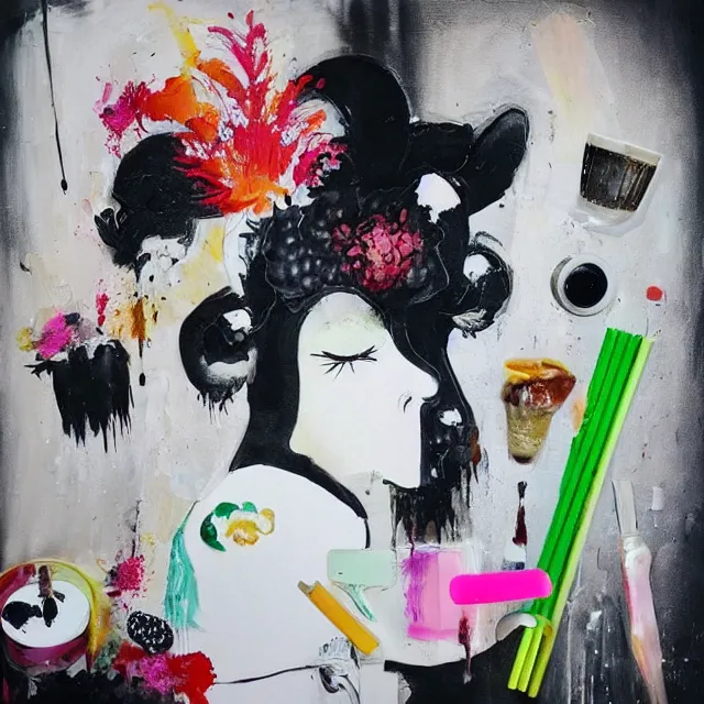 Image similar to “ a portrait in a female art student ’ s apartment, sensual, a pig theme, art supplies, paint tubes, ikebana, herbs, a candle dripping white wax, black walls, squashed berries, berry juice drips, acrylic and spray paint and oilstick on canvas, surrealism, neoexpressionism ”