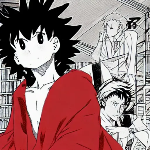 Image similar to Spike Spiegel fire Wizard Mage Wearing a red robe whilst disguised as devil standing in the office uta natsume naoko rumiko takahashi katsuhiro otomo Alexey Egorov Inio Asano sui ishida anime mangaka