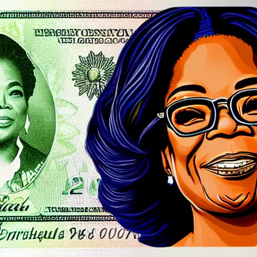 Image similar to an intricately detailed new dollar bill design featuring a portrait of Oprah Winfrey