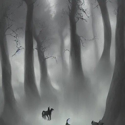 Prompt: the ghostly horsemen ride through the misty forests in eternal silence. they haunt the land for centuries and every unlucky soul who crosses their path join their ranks for ever. # art # fantasy # illustration # painting # character