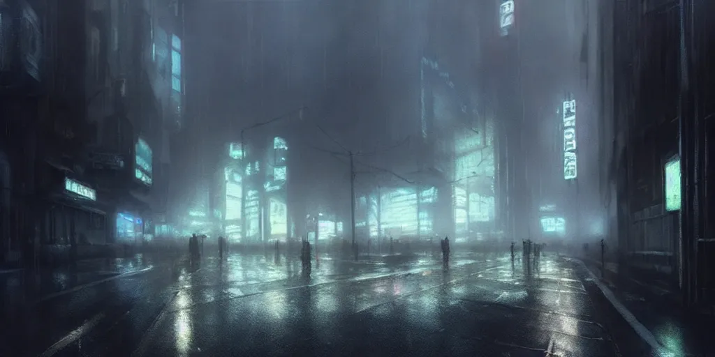 Image similar to beautiful painting by jeremy mann, cyberpunk street, still from blade runner movie, desaturated, oil painting, perfect composition, detailed octane render trending on artstation, misty, volumetric fog, ominous, unsettling, 8 k artistic photography, volumetric cinematic perfect light