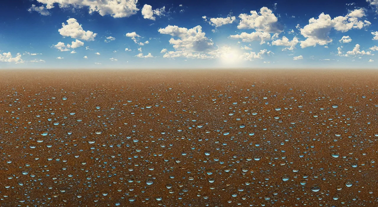 Prompt: very big raindrops floating in a perfect blue sunny sky above desolate land, hyper detailed photorealistic, saturated colors