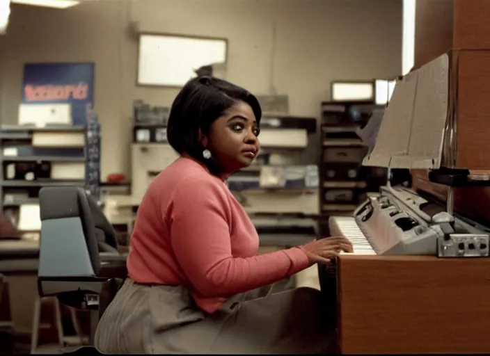 Image similar to cinematic shot of octavia spencer in an small used electronics store playing an old electronic keyboard, iconic scene from the paranoid thriller sci fi film directed by stanley kubrick, anamorphic cinematography, beautiful composition, color theory, leading lines, photorealistic, moody volumetric lighting