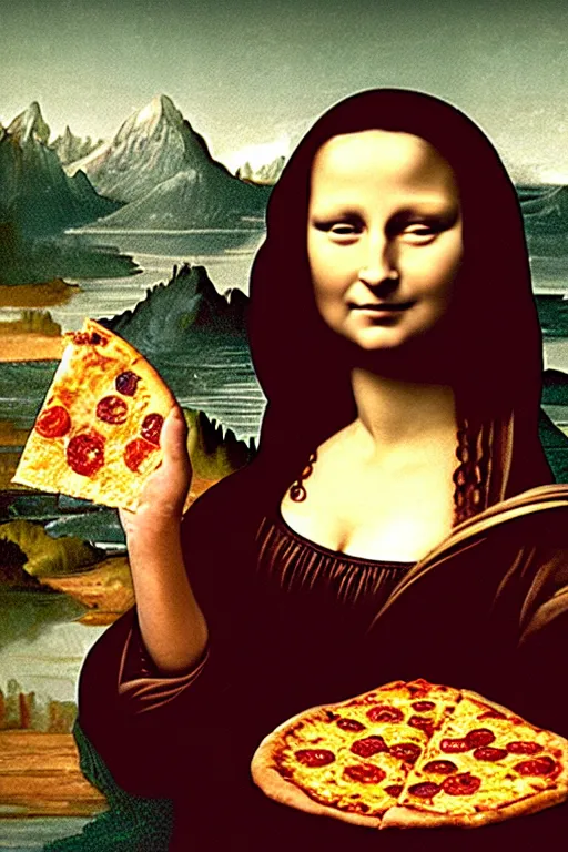 Prompt: movie shot, portrait of a woman holding a slice of pizza in her hands, the slice of pizza is held in mid air, near her face, in the artistic style of mona lisa