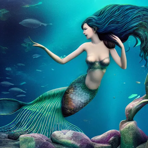 Image similar to beautiful mermaid siren, siren song, thin pale wan female, beautiful mermaid, under water, photoreal, 8 k resolution