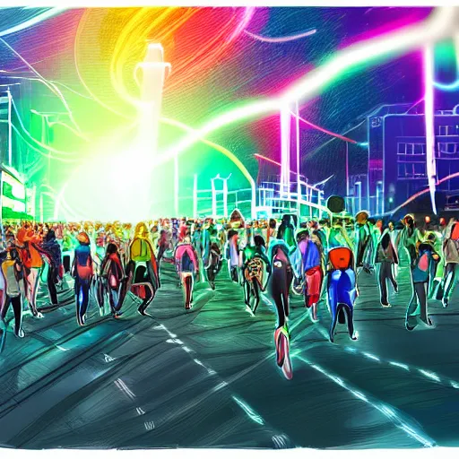 Image similar to landscape of people running away scared from crypto logos standing in the city, digital drawing, beautiful lightning, sharp colors, hyper - detailed, hdr, 8 k