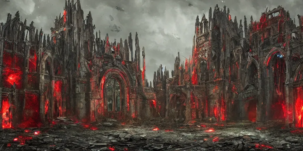Prompt: The fallen cathedral of the red king, ruins, broken glass, abandoned, concept art, fantasy art, highly detailed hd, artstation, hd wallpaper