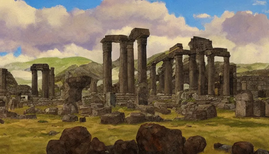 Image similar to a sleeping giant nestled between roman ruins, in the art style of the painter arellius
