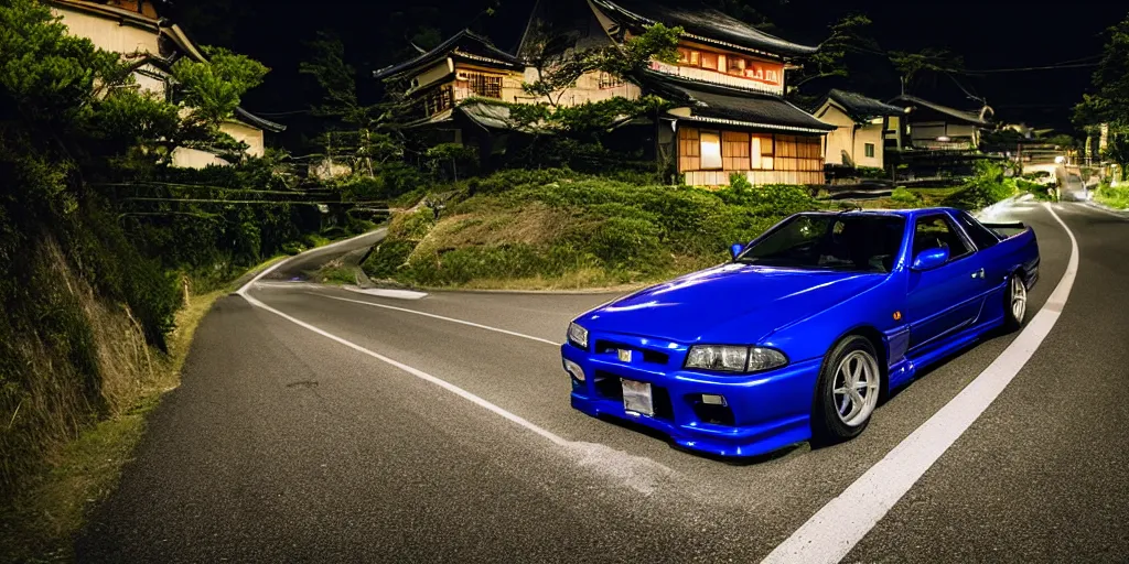 Prompt: Beautiful Photograph of Nissan Skyline R33 on a road in Japanese countryside, Night