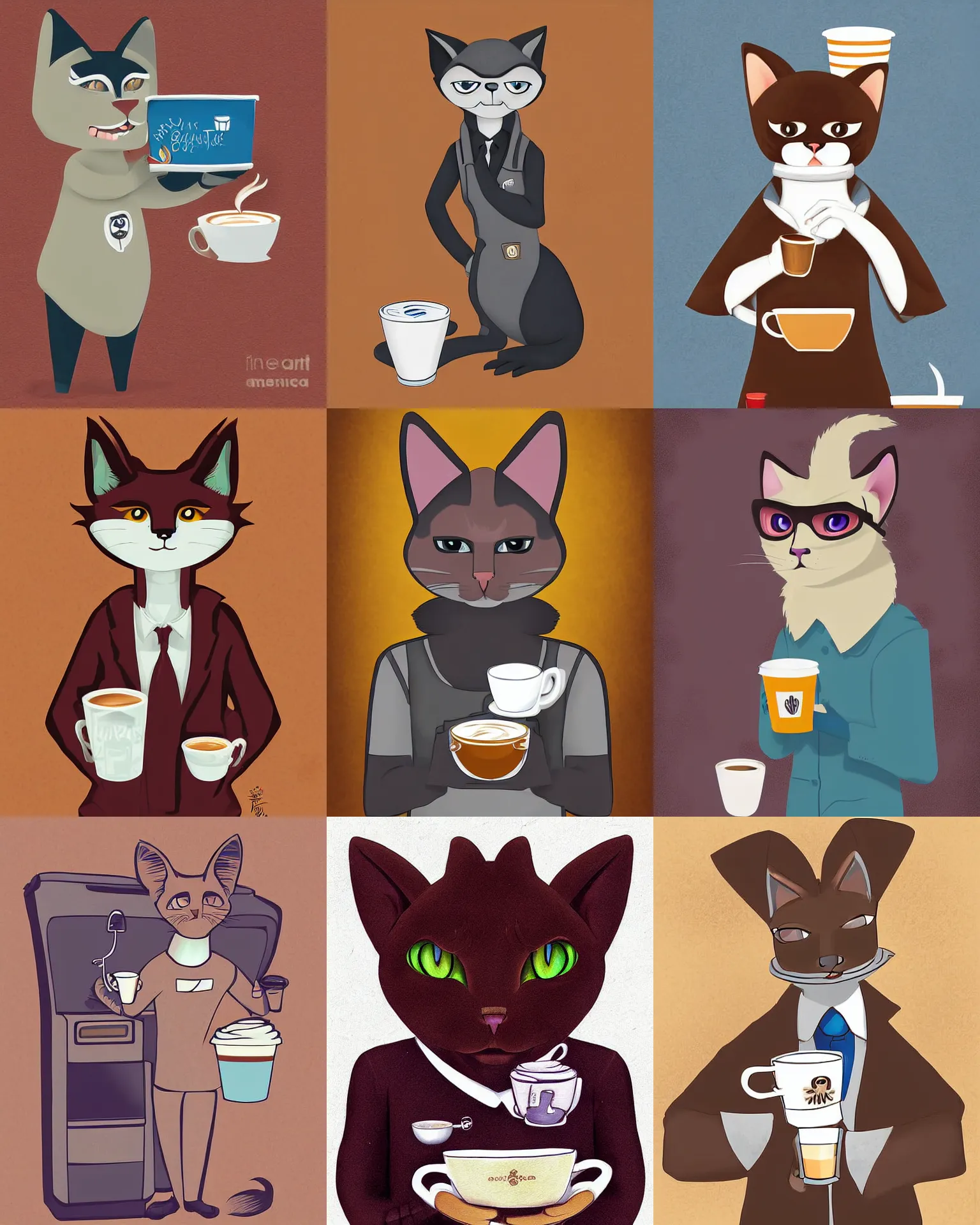 Prompt: digital art drawing of a male anthropomorphic siamese cat furry fursona wearing a barista uniform holding a latte, by jay naylor, rukis, nomax, kenket