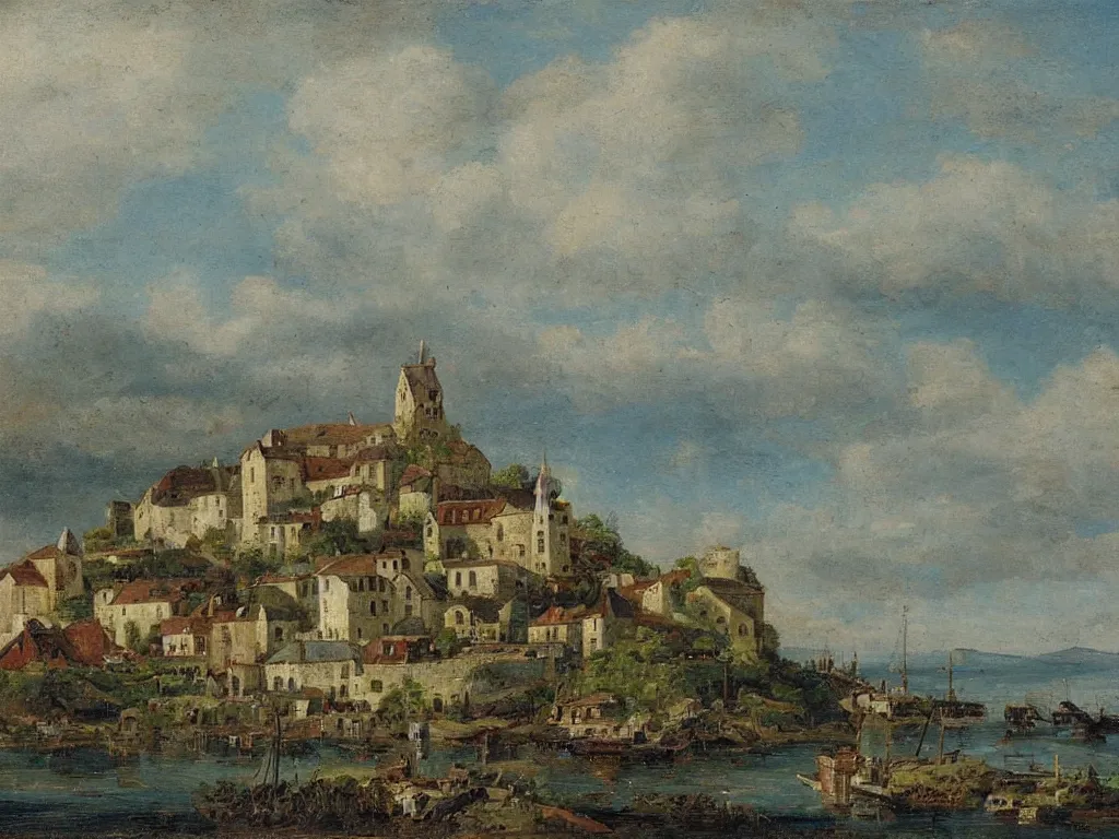 Prompt: a small village, viewed from the harbor, by jean - baptist monge,