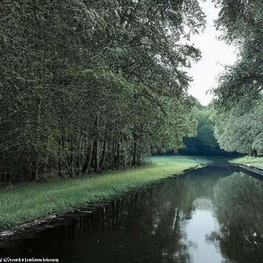 Image similar to at the dam there was a field, with a path running through it, and the sky was a pale blue with no clouds, and the trees stood silent in their verdure