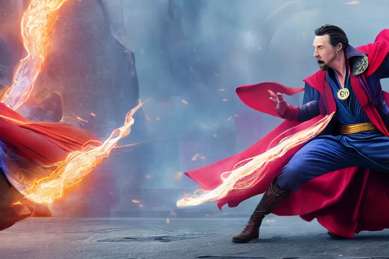 Image similar to Action sequence still of Doctor Strange and Scarlet Witch on the battlefield, fighting, Trending on artstation, photorealistic image, photorealistic imagery, 4k, 8k, movie still, action still