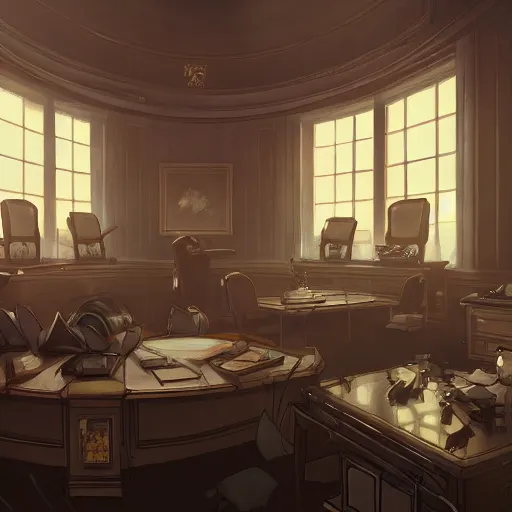 Prompt: interior of the burnt down oval office, anime fantasy illustration by tomoyuki yamasaki, kyoto studio, madhouse, ufotable, square enix, cinematic lighting, trending on artstation