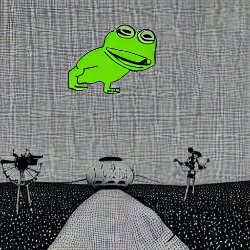 Image similar to ufo abducting pepe the frog in pasture. 1 0 0 0 mm, precisionist, minimalist, studio lighting. commercial quality. sci fi grunge, parts by patrick nagel, parts by virgil finlay