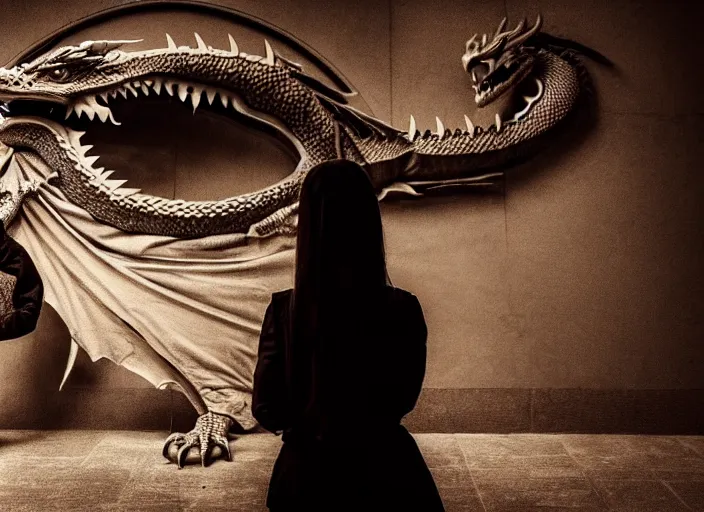 Prompt: scared female rogue who came only to look at the real dragon, symmetrical, cinematic, real photography