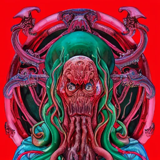 Image similar to 4 k colored headshot of godlike cthulhu with defined arms and open hands and bloody clothes with giant mandala wings, intricate face, flawless anime cel animation by kentaro miura, psychedelic, highly detailed upper body, professionally post - processed, beautiful, scary, symmetry accurate features, epic, octane rendered, anime masterpiece, accurate