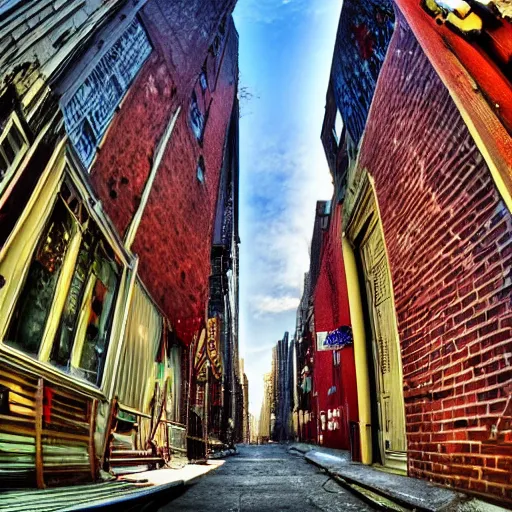 Prompt: wide shot low angle of new york alley, fisheye view!