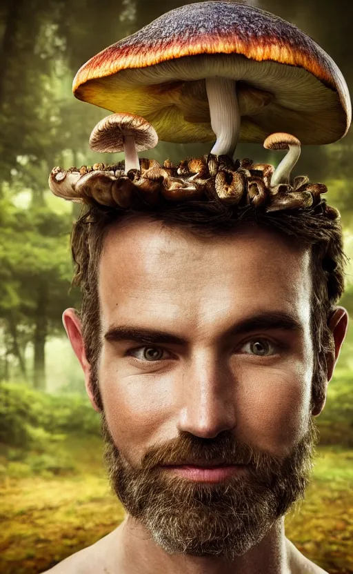 Image similar to realistic colorful photo portrait of man with mushrooms growing on his face, illuminated forest in the background full light, ultra rendered extreme realism and detail, 8 k, highly detailed, realistic, photorealistic,