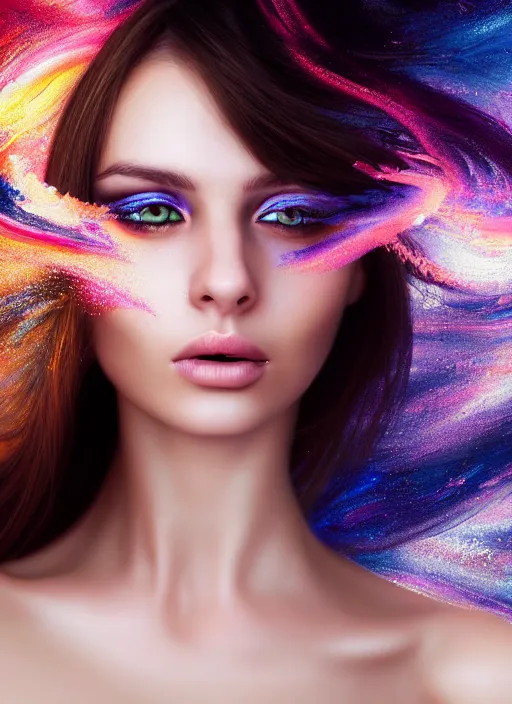 Prompt: a young Russian woman with brunette looking at the camera while in a swirling alternate reality. close-up of face with smokey eyeshadow. soft detailed painting at 16K resolution and amazingly epic visuals. epically beautiful image. amazing effect, image looks gorgeously crisp as far as it's visual fidelity goes, absolutely outstanding. vivid clarity. ultra detail. iridescent. mind-breaking. mega-beautiful pencil shadowing. beautiful face. Ultra High Definition. soft shading. soft texture. intensely beautiful.