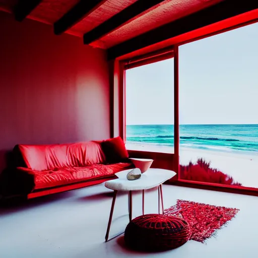 Prompt: beautiful 35mm footage landscape photography of a modern living room white and red colors, stylistic furniture, window open to beach wide-angle lens