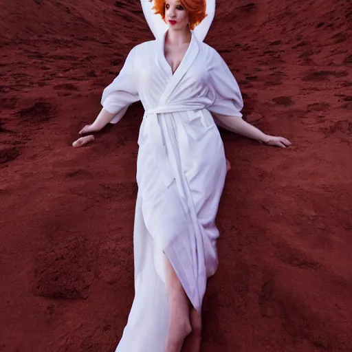 Image similar to symmetry!! christina hendricks!!! full frontal body photography of skinny christina hendricks in white robes standing in the desert, blushing, red - cheeks!!, dim volumetric cinematic lighting, 8 k, detailed - face!!, red lips, post - processing, extremely hyper - detailed, intricate, epic composition, masterpiece, stunning, leica sl 2 5 0 mm