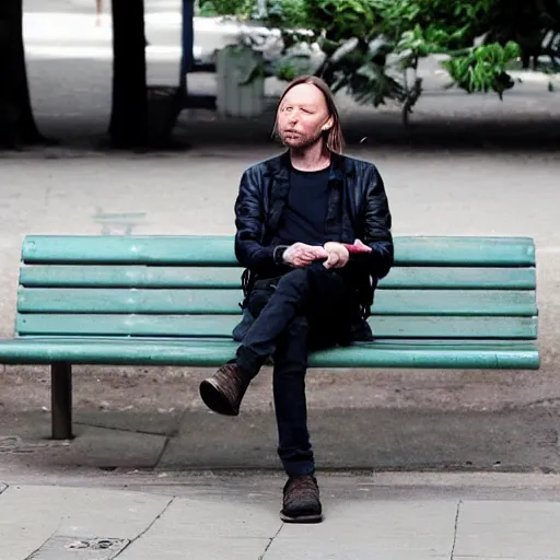 Image similar to thom yorke sitting on a bench on a street corner in front of an open window smoking a cigarette