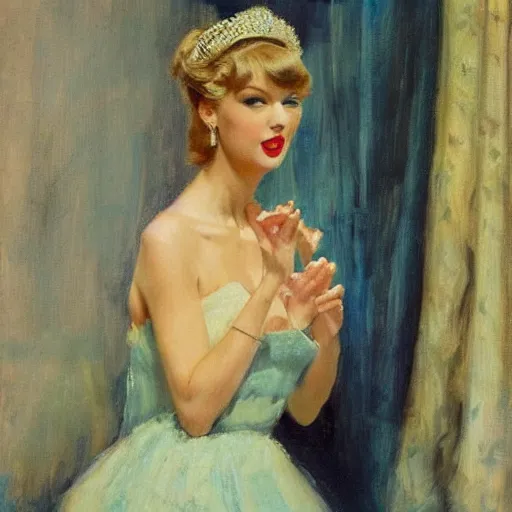 Image similar to Taylor Swift singing to her reflection, mirror, 1950s, modest, elegant clothing, tiara, mild impressionism, award winning, photorealistic, by Ilya Repin