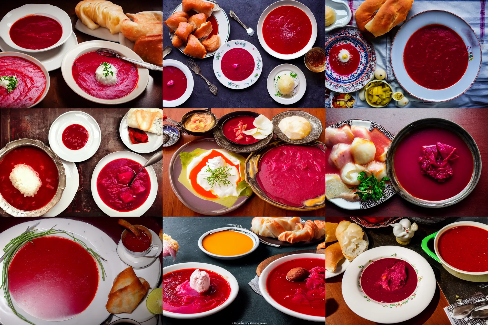 Prompt: one plate of borscht, pampushka and salo, hyper realistic, extremely detailed, food photo, ethnic background, epic lightning, yamy yamy