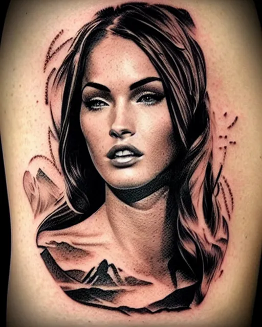 Image similar to creative double exposure effect tattoo design sketch of megan fox with beautiful mountains, realism tattoo, in the style of matteo pasqualin, amazing detail, sharp