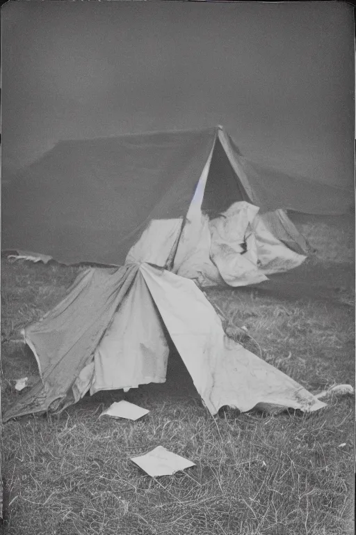 Image similar to photo polaroid of a sad and lonely child stands in the middle many tents of field hospitals, pandemic, covid,loneliness, black and white ,photorealistic, 35mm film,