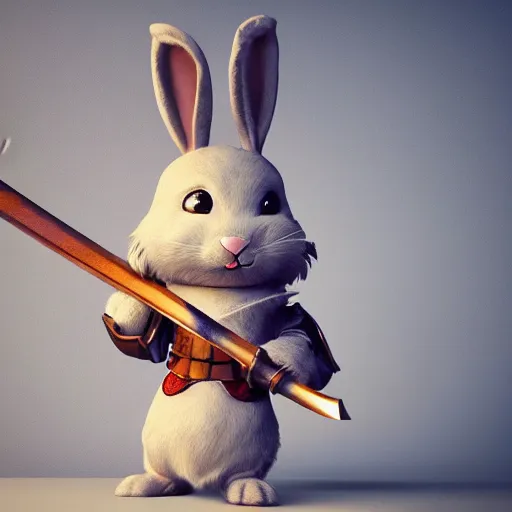 Prompt: anthropomorphic cute bunny knight character, holding a sword, RPG Scene, Oil Painting, Trending on Artstation, octane render, Insanely Detailed, 8k, HD