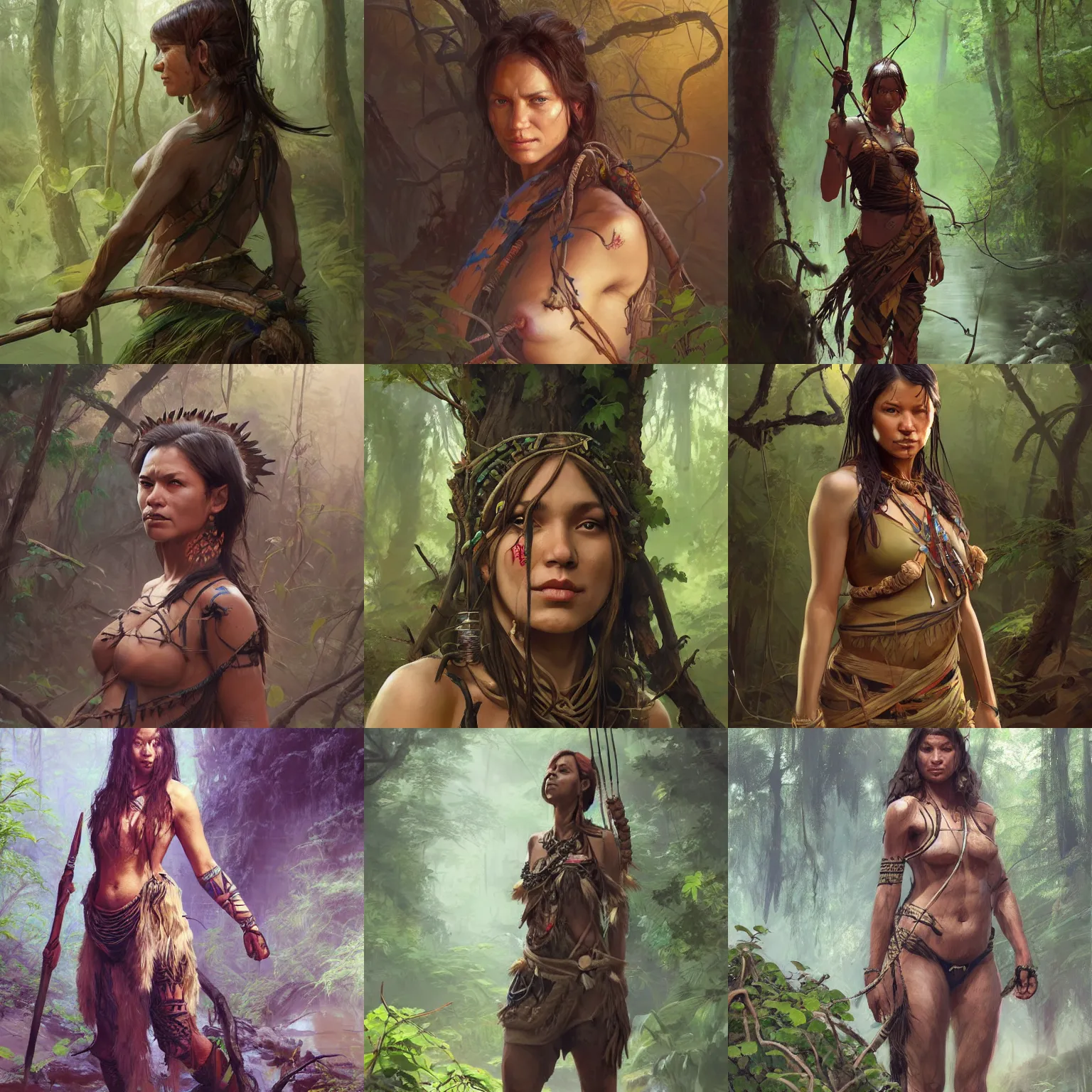 Prompt: Portrait of a tribal hunter, female, standing in a forest, shady, river nearby, rocks, vines. highly detailed, smooth, artstation, digital illustration by Ruan Jia and Mandy Jurgens and Artgerm and Wayne Barlowe and Greg Rutkowski and Frank Frazetta
